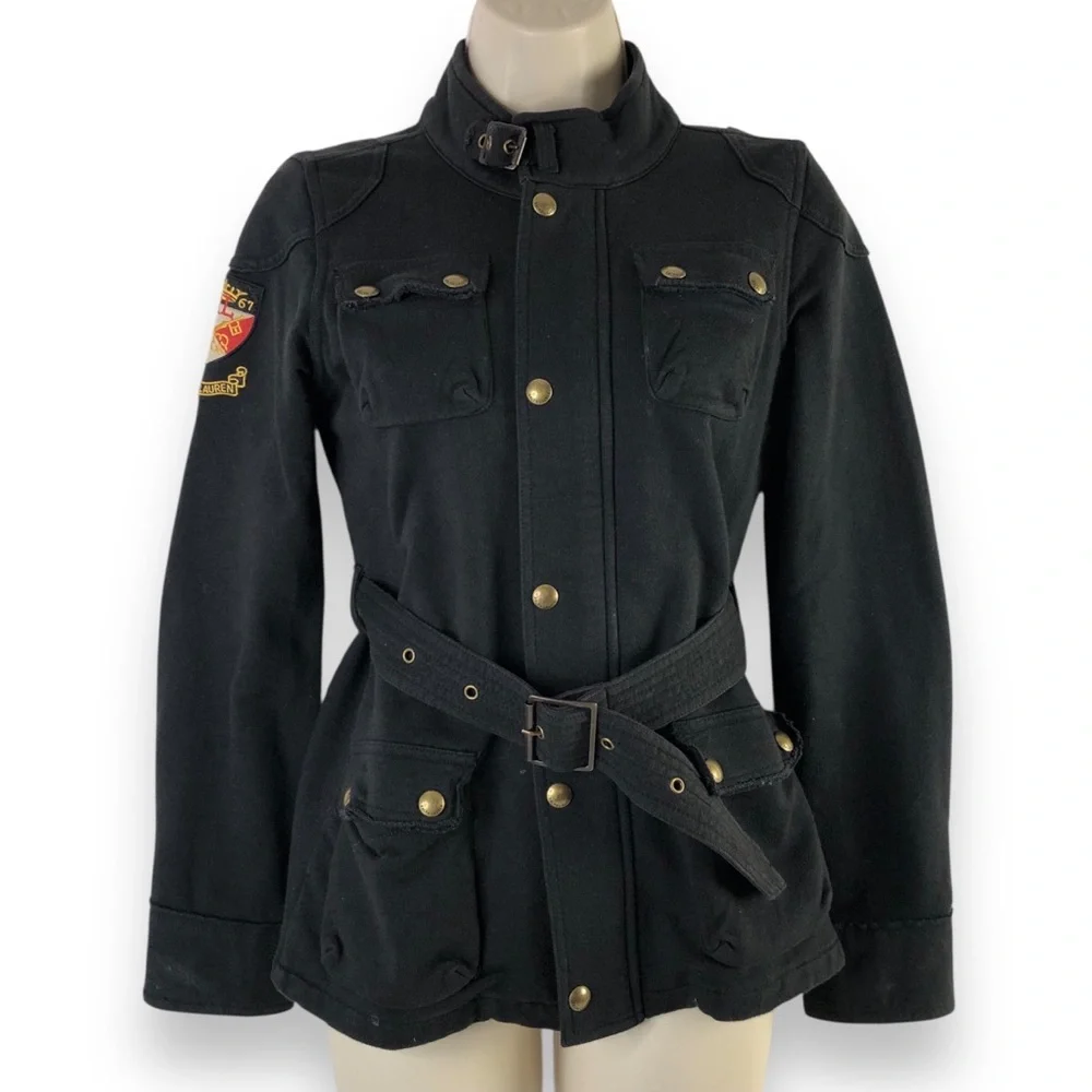Ralph Lauren Black Belted Crest Cargo Jacket Teens 12/14 Shoulder Elbow Patches